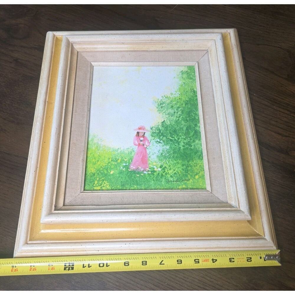 VTG Oil Painting Woman in Pink Dress‎ in Garden Scene Signed Jennifer West 13x15